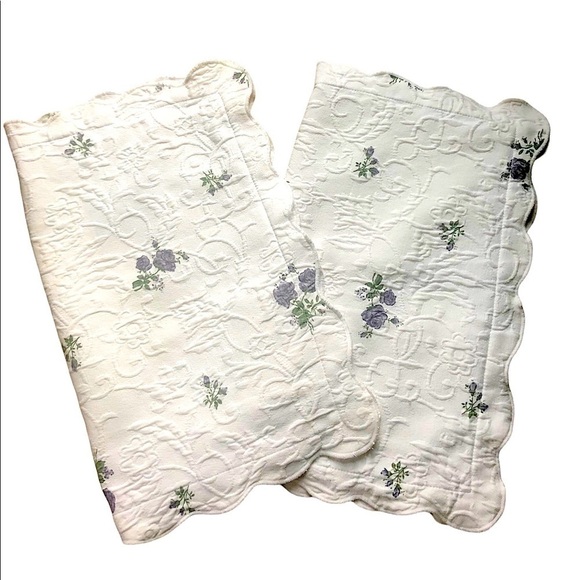 Cottage Core White Textured Pillow Shams X2 Purple Floral Scalloped Edges - Picture 1 of 5